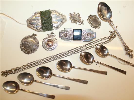 Two French Art Deco plated brooches, set hardstone, 6 silver coffee spoons, various silver awards & sundries